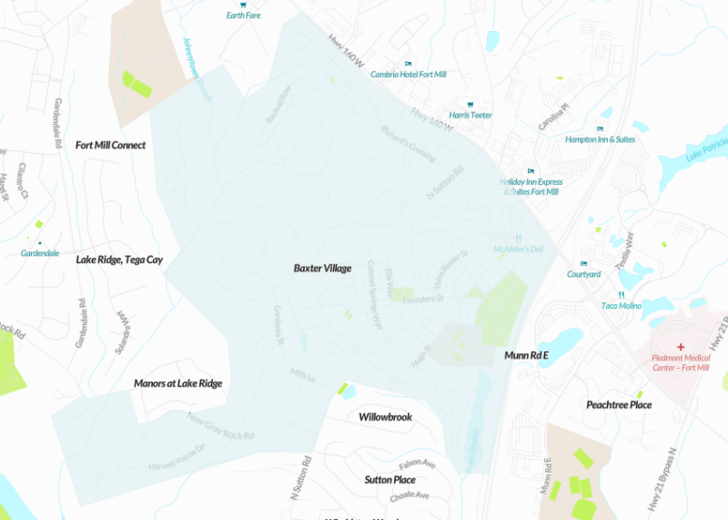 Map of Baxter Village neighborhood in Fort Mill, SC