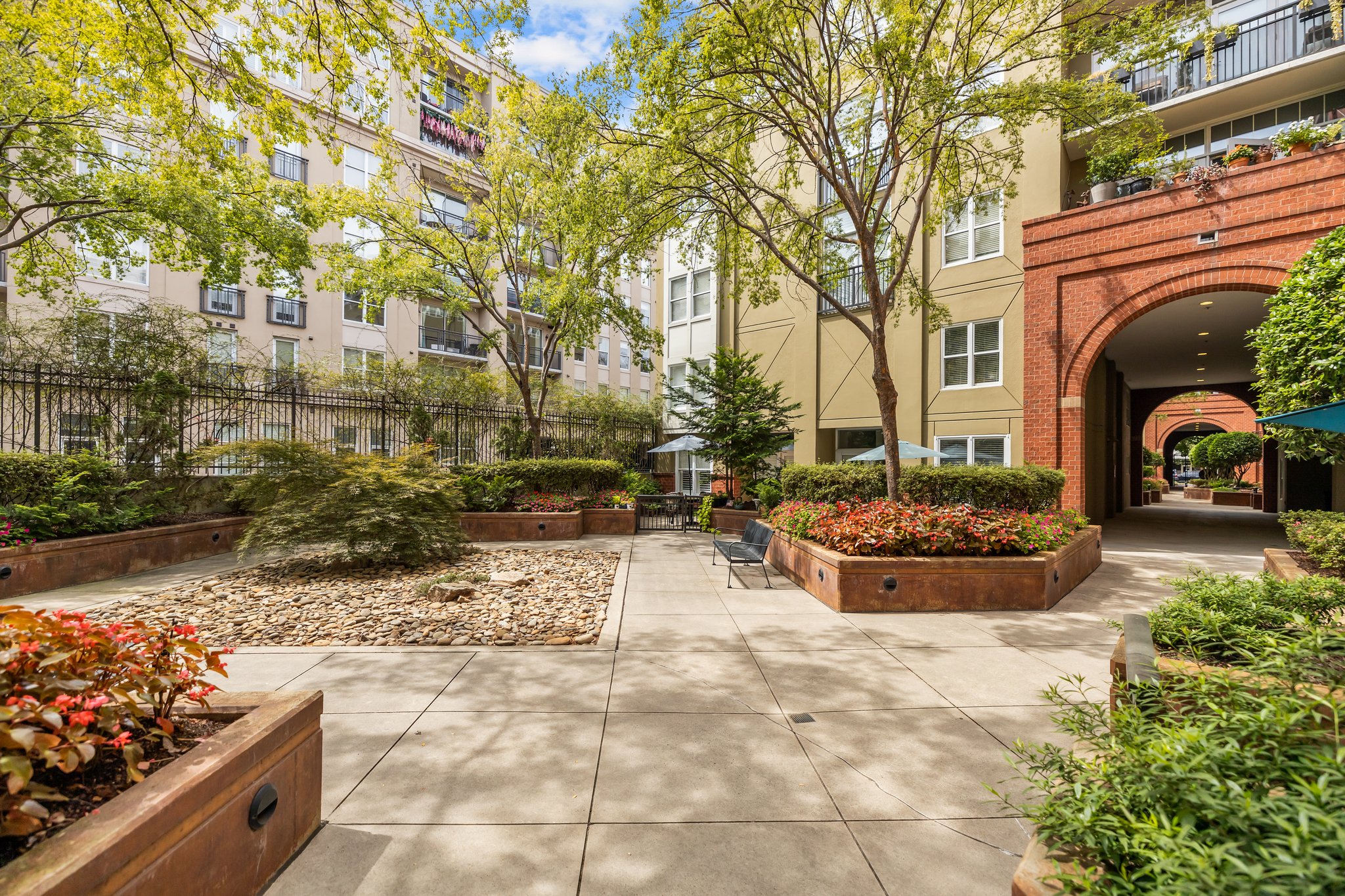 Private, gated courtyard for use by residents at 1320 Fillmore Avenue in Charlotte's Dilworth neighborhood